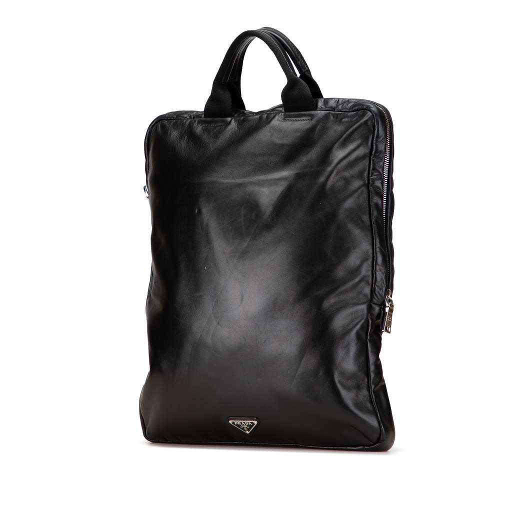 Prada Leather Logo Metal Plate Vertical Tote - Back view