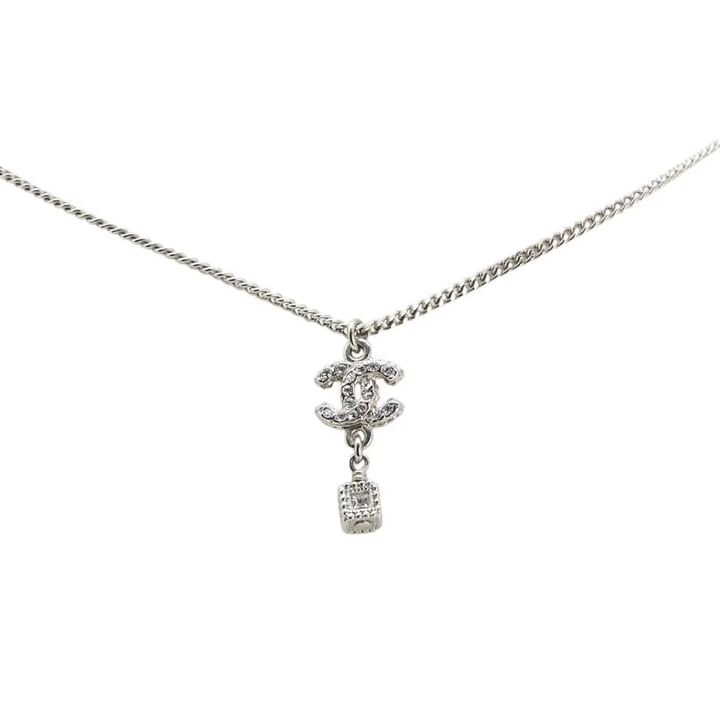 Chanel Silver CC Crystal Studded Cube Pendant Necklace Silver Silver Good - Front View
