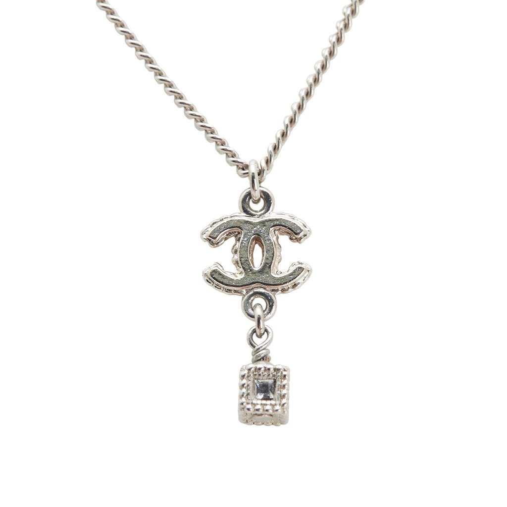 Chanel Silver CC Crystal Studded Cube Pendant Necklace - 2