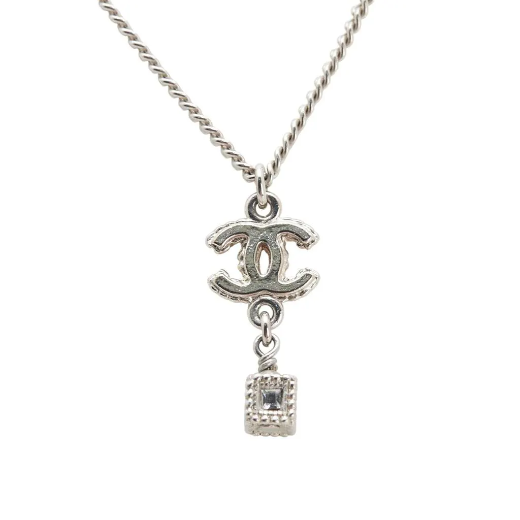 Chanel Silver CC Crystal Studded Cube Pendant Necklace Silver Silver Good - Back View