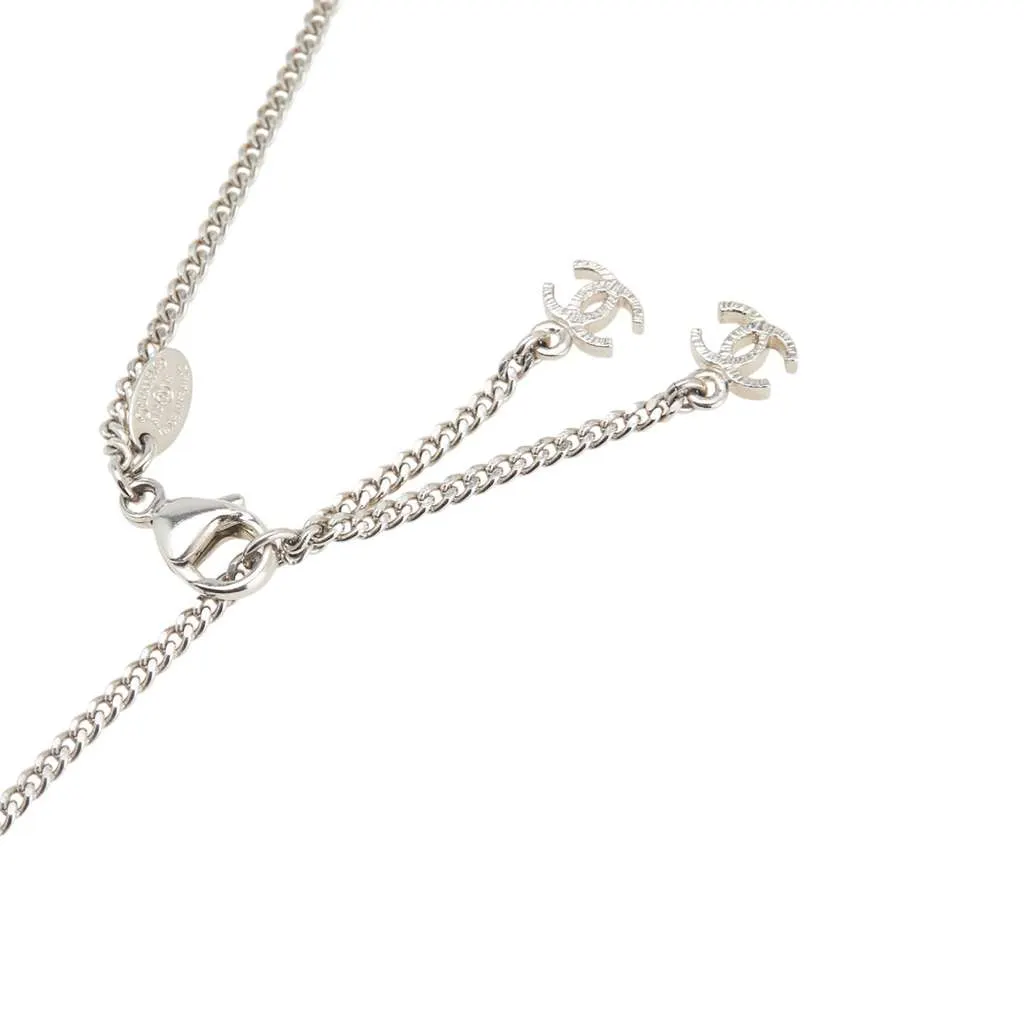 Chanel Silver CC Crystal Studded Cube Pendant Necklace Silver Silver Good - Model View