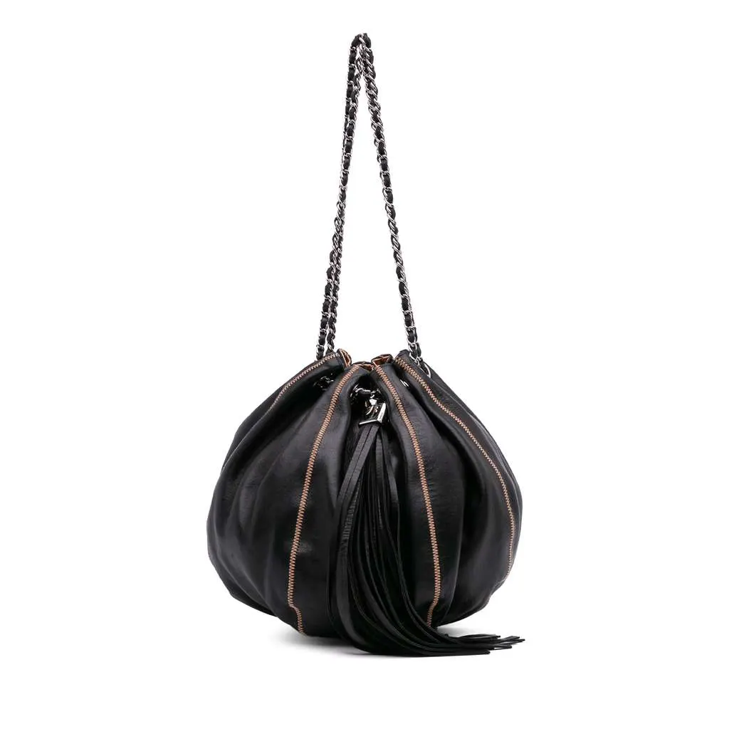 Chanel Lambskin and Satin Reversible Sac Cordon Bucket Bag Black Leather Good - Front View