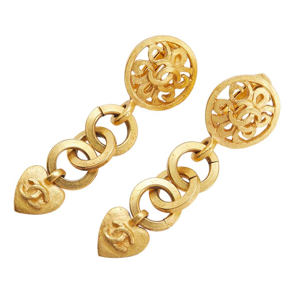 Chanel Gold Plated CC Heart Drop Clip on Earrings