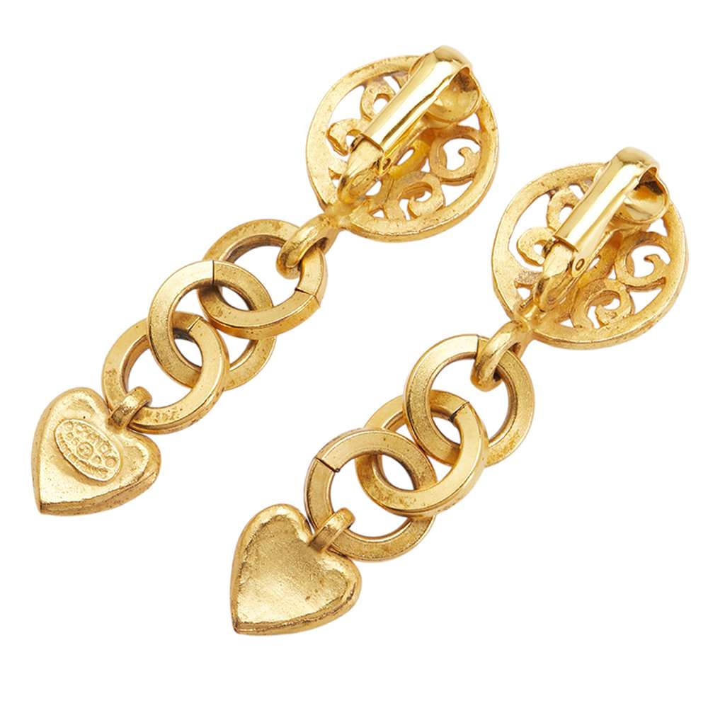 Chanel Gold Plated CC Heart Drop Clip on Earrings - Back view