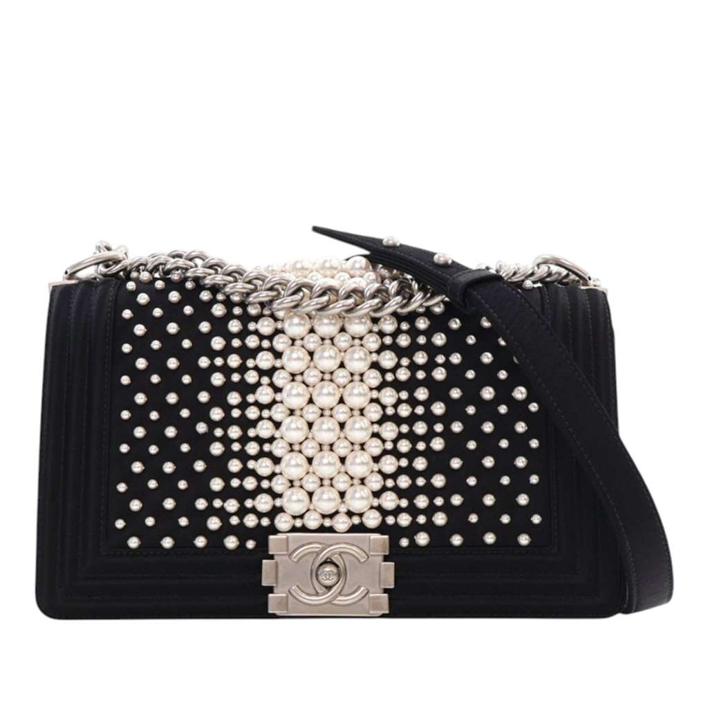 Chanel Old Medium Satin Pearl Embellished Boy Flap