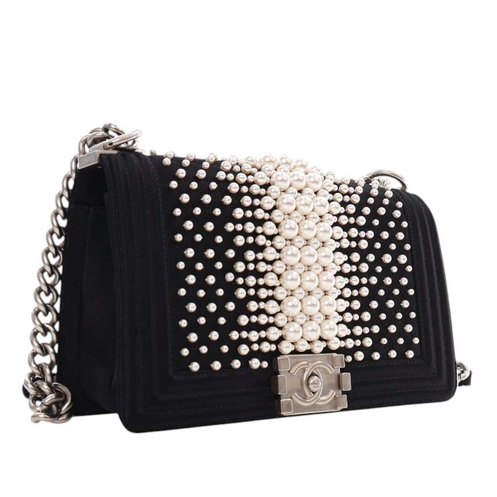 Chanel Old Medium Satin Pearl Embellished Boy Flap - Back view