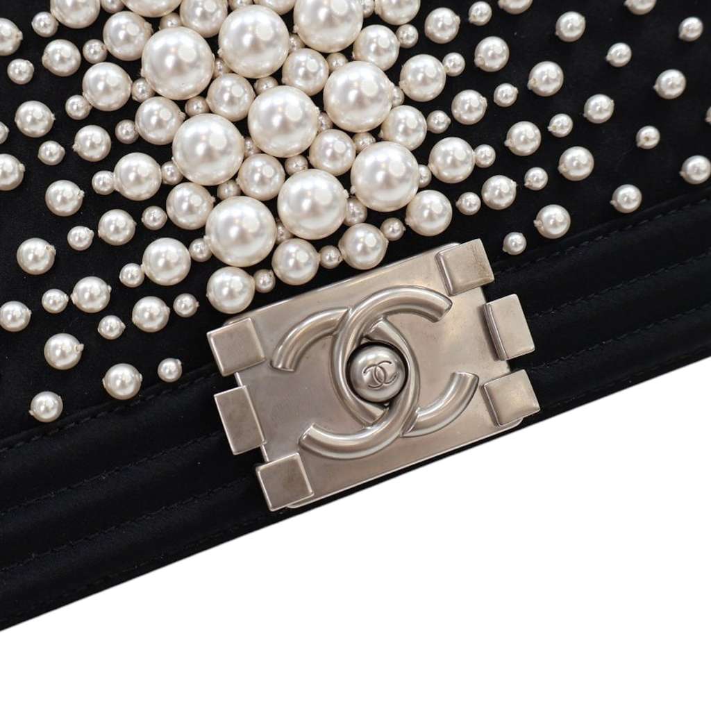 Chanel Old Medium Satin Pearl Embellished Boy Flap - Detail 2