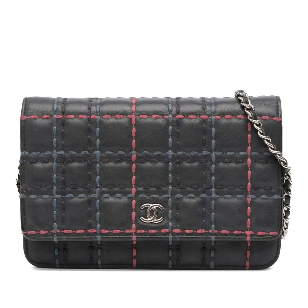 Chanel CC Square Stitched Calfskin Wallet on Chain Blue Leather Very good - Front View