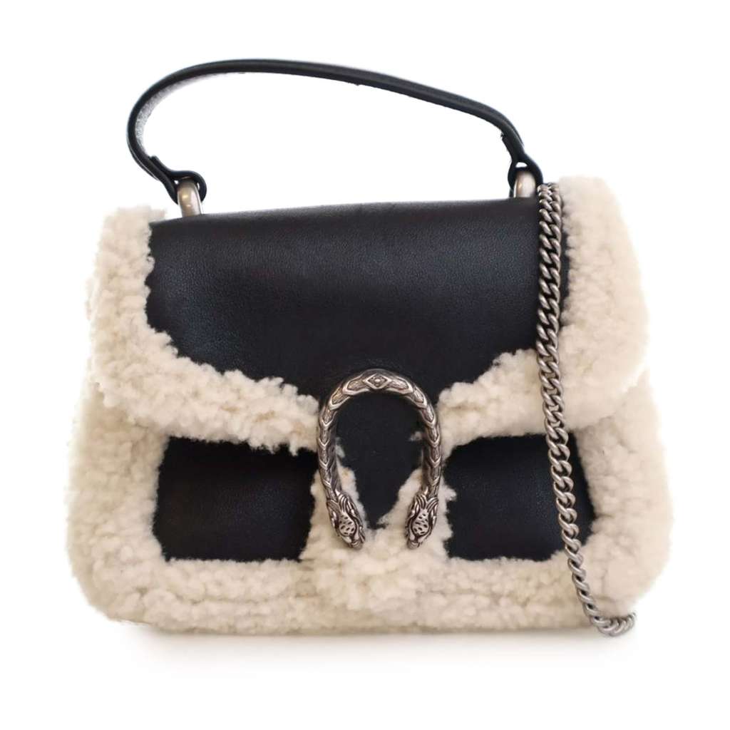 Gucci Mini Leather and Shearling Dionysus Top Handle Bag