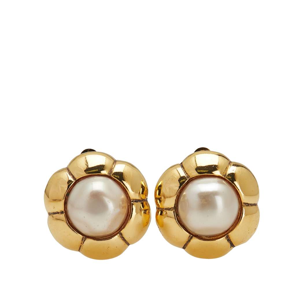 Chanel Gold Plated Faux Pearl Flower Clip On Earrings