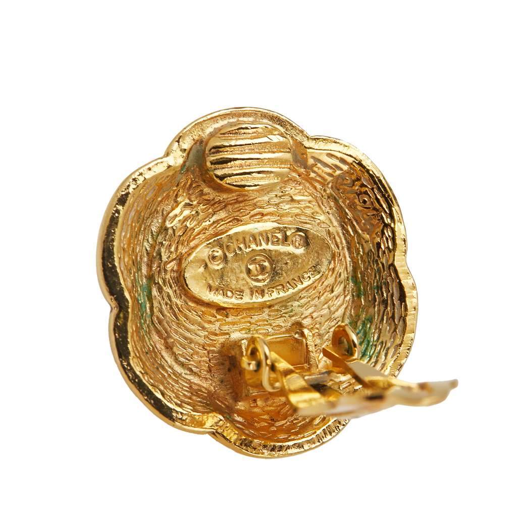 Chanel Gold Plated Faux Pearl Flower Clip On Earrings - 4