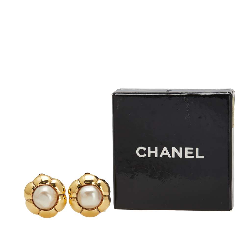 Chanel Gold Plated Faux Pearl Flower Clip On Earrings - Side view