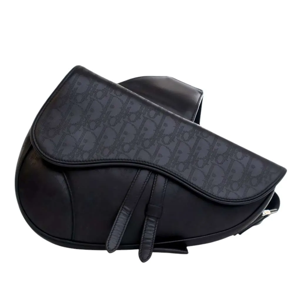 Dior Oblique Perforated Calfskin Galaxy Saddle Bag Black Leather Good - Front View