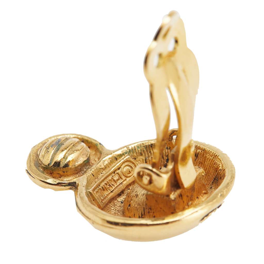 Chanel Gold Plated Rhinestone CC Round Button Drop Clip On Earrings - 4