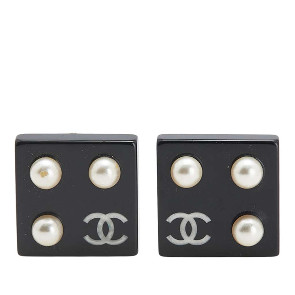 Chanel Square Acrylic and Faux Pearls Clip On Earrings
