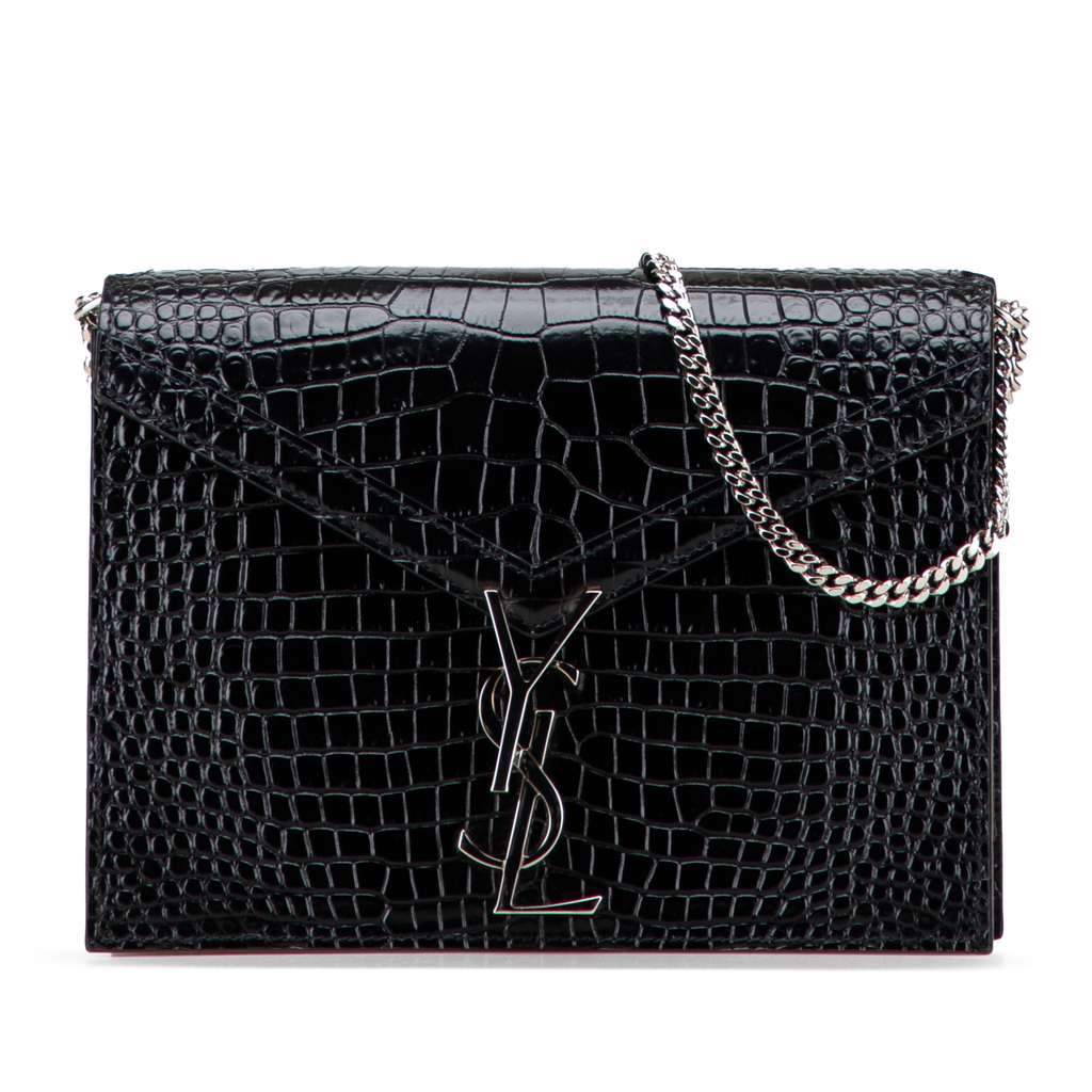 Saint Laurent Croc Embossed Leather Monogram Cassandra Clasp Bag