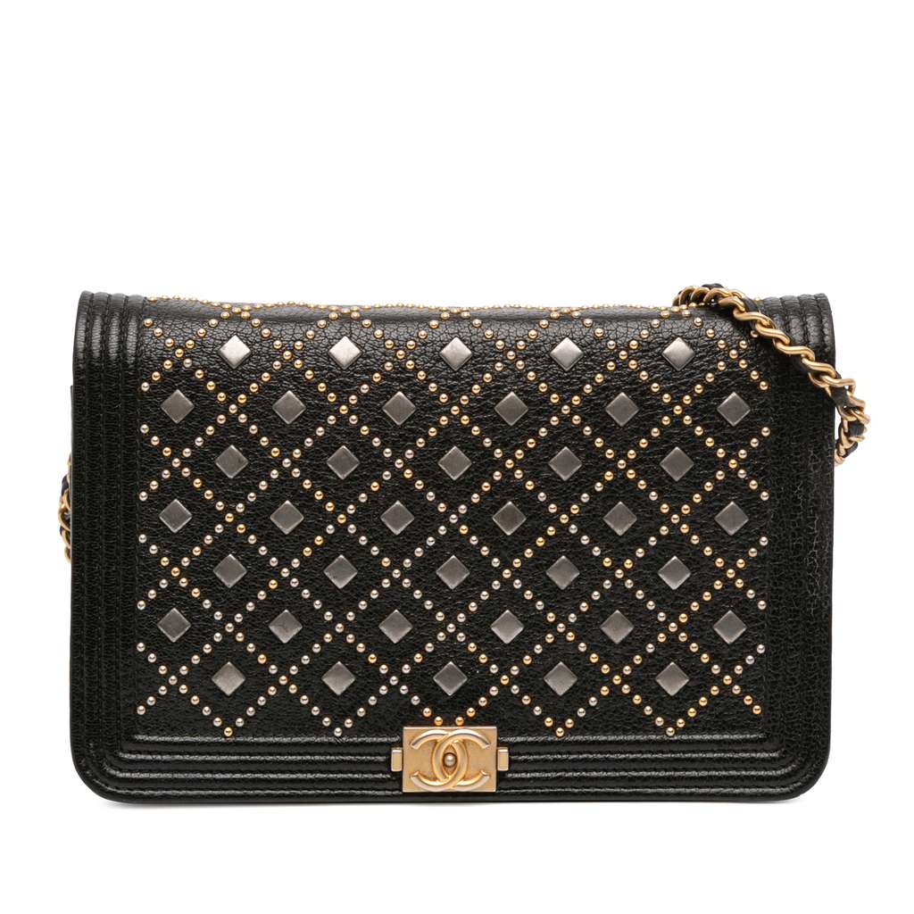 Chanel Studded Grained Calfskin Boy Wallet On Chain