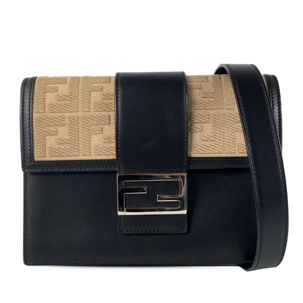 Fendi Calfskin and Canvas FF 1974 Flat Baguette Crossbody
