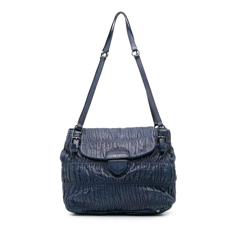 Prada Nappa Gaufre Buckle Strap Shoulder Bag Blue Leather Good - Front View