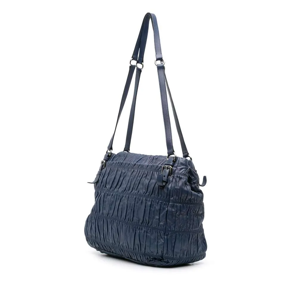 Prada Nappa Gaufre Buckle Strap Shoulder Bag Blue Leather Good - Back View