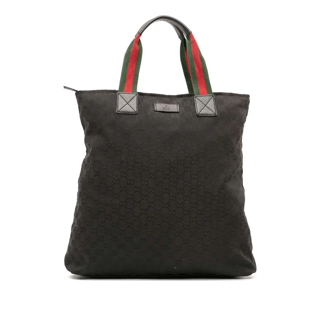 Gucci GG Canvas Web Tote Black Canvas Good - Front View