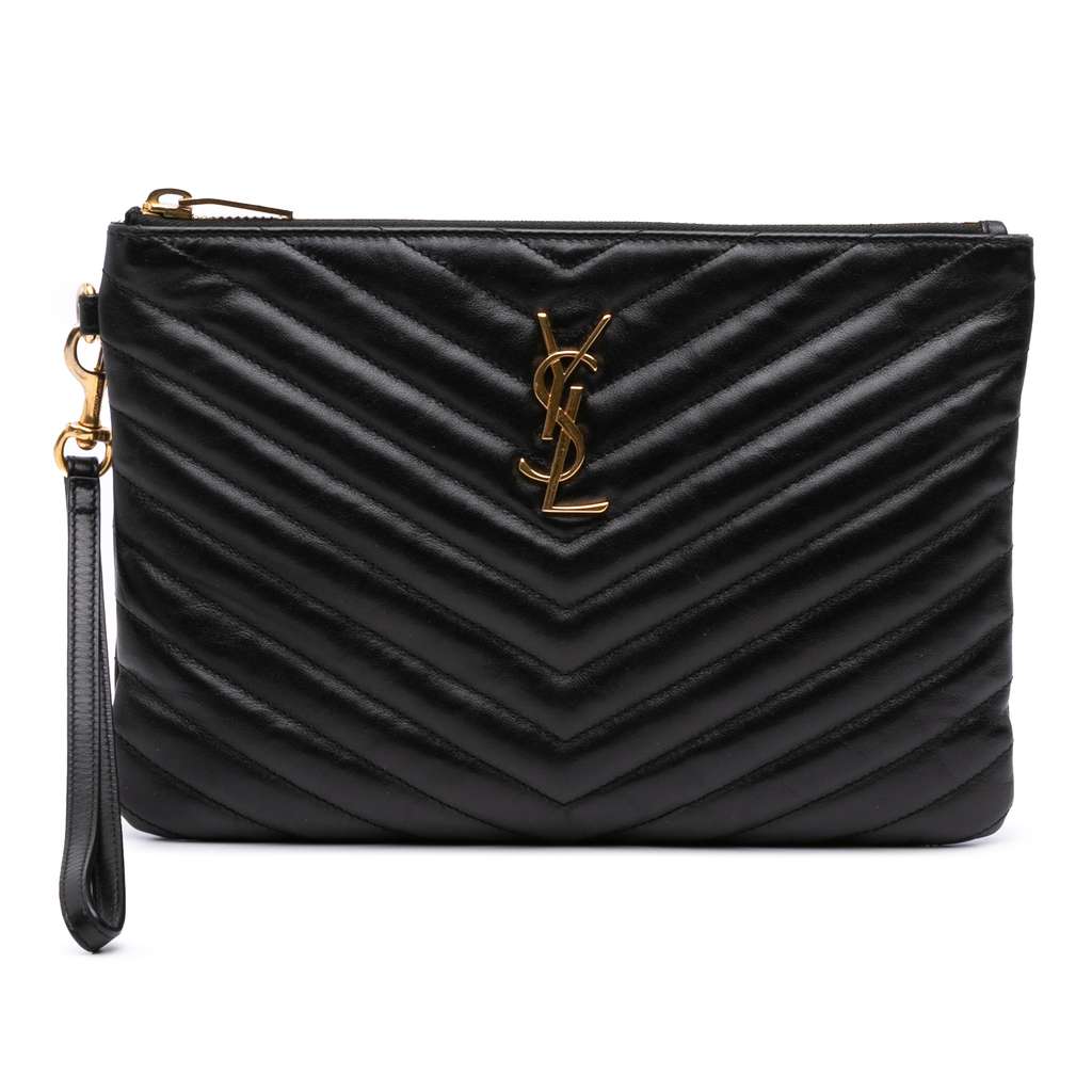 Saint Laurent Chevron Leather Monogram Zip A5 Wristlet Pouch