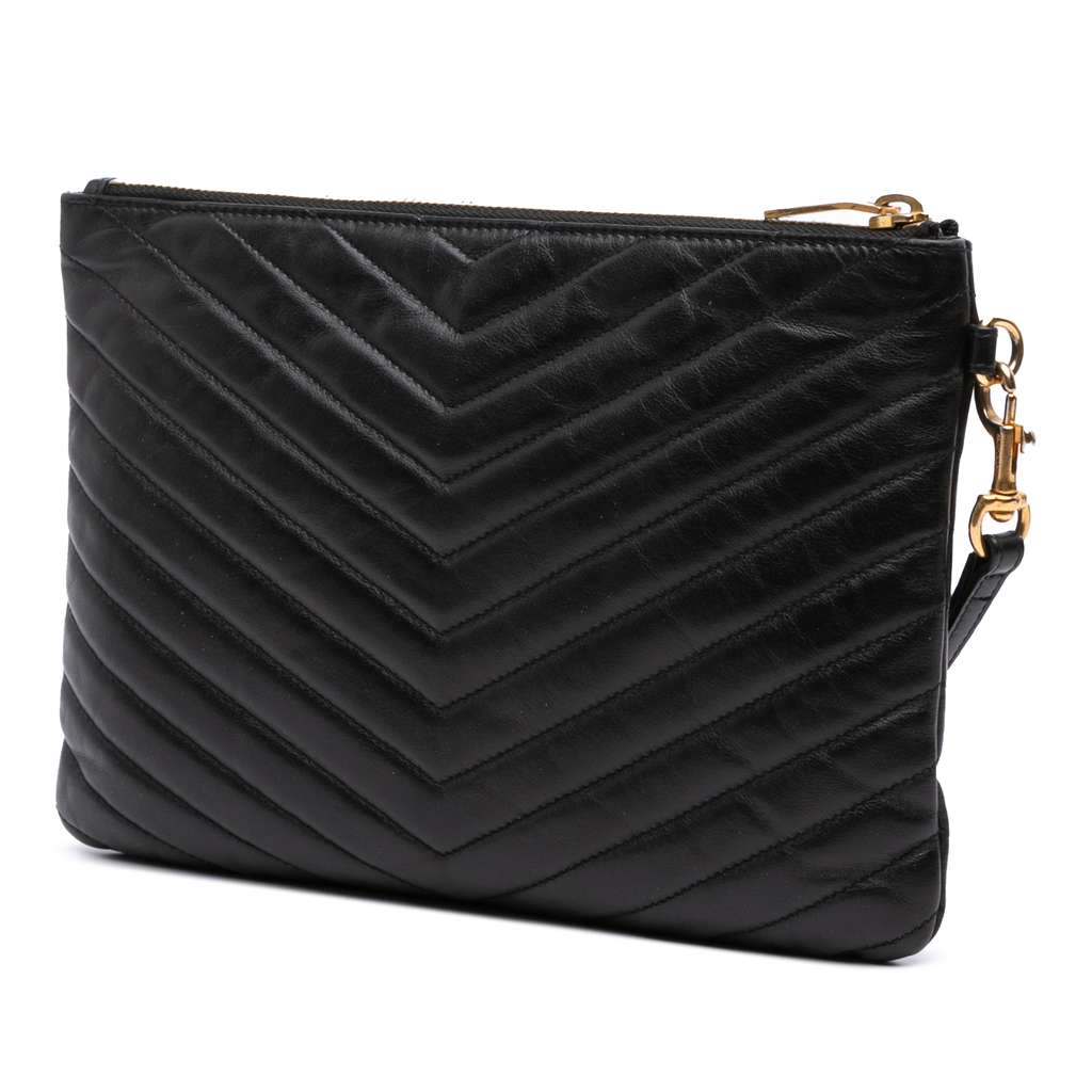 Saint Laurent Chevron Leather Monogram Zip A5 Wristlet Pouch - Back view
