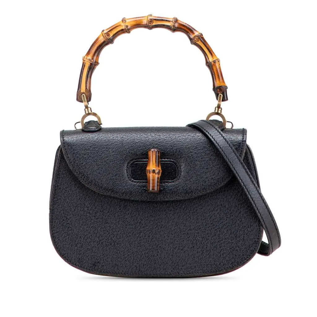 Gucci Calfskin Bamboo Night Black Leather Good - Front View