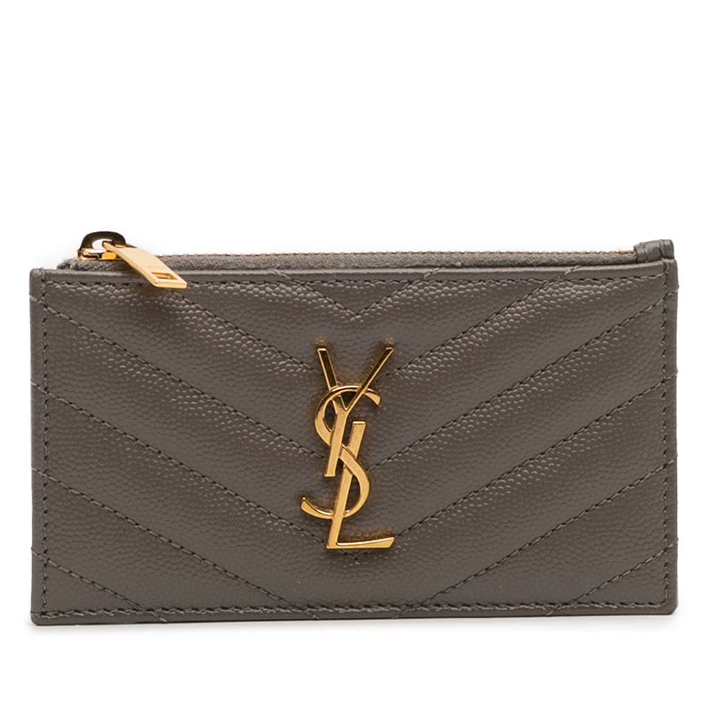 Saint Laurent Grain De Poudre Chevron Monogram Fragments Zippered Card Case