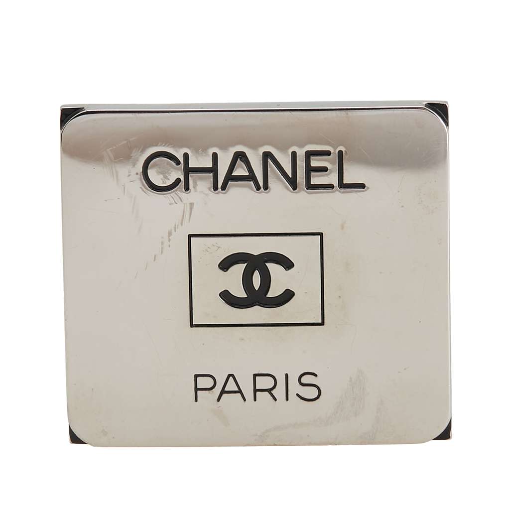 Chanel Palladium Plated Enamel Logo Plate Brooch