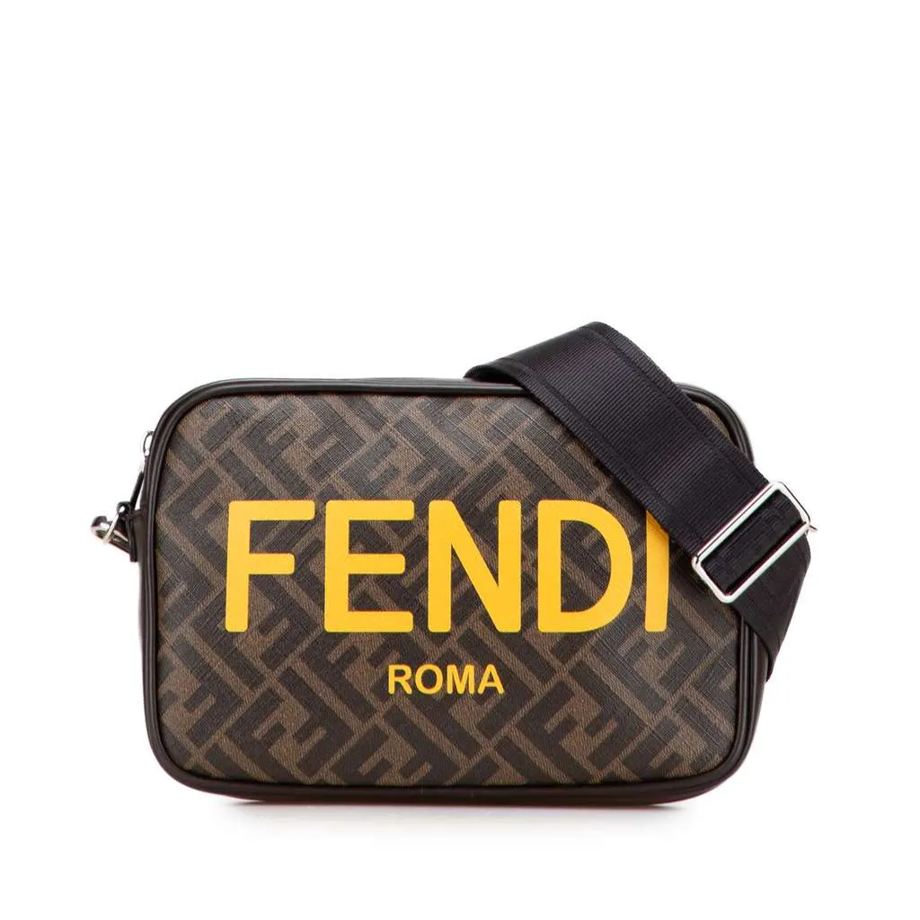 Fendi Shiny Glazed Fabric FF 1974 Logo Camera Bag Brown Canvas Good - Front View