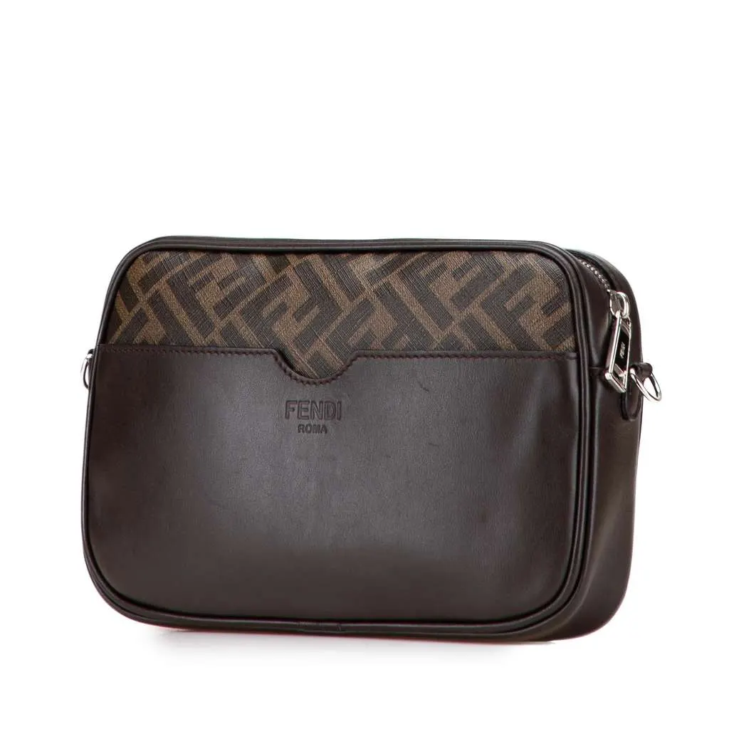 Fendi Shiny Glazed Fabric FF 1974 Logo Camera Bag Brown Canvas Good - Back View