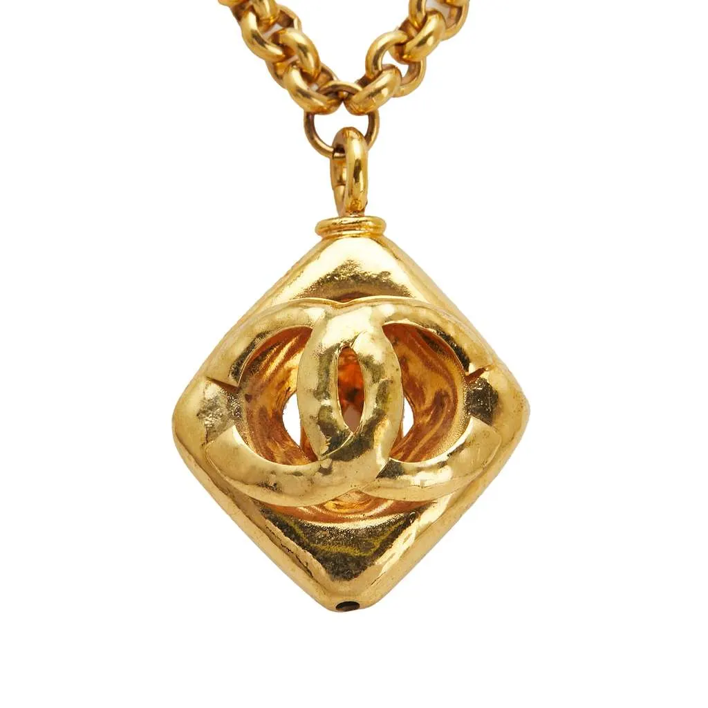 Chanel CC Gold Plated Diamond Cut Pendant Necklace Gold Metal Good - Inside View