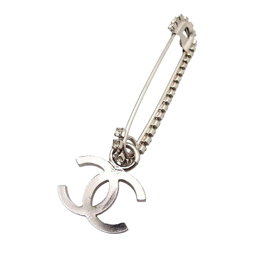 Chanel CC Silver Plated Crystal Embellished Safety Pin Brooch - 2