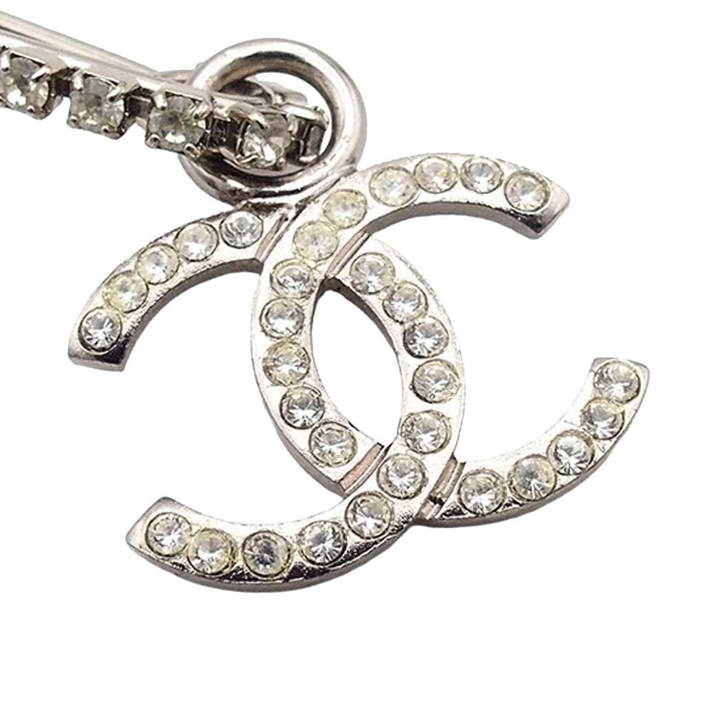 Chanel CC Silver Plated Crystal Embellished Safety Pin Brooch - 3