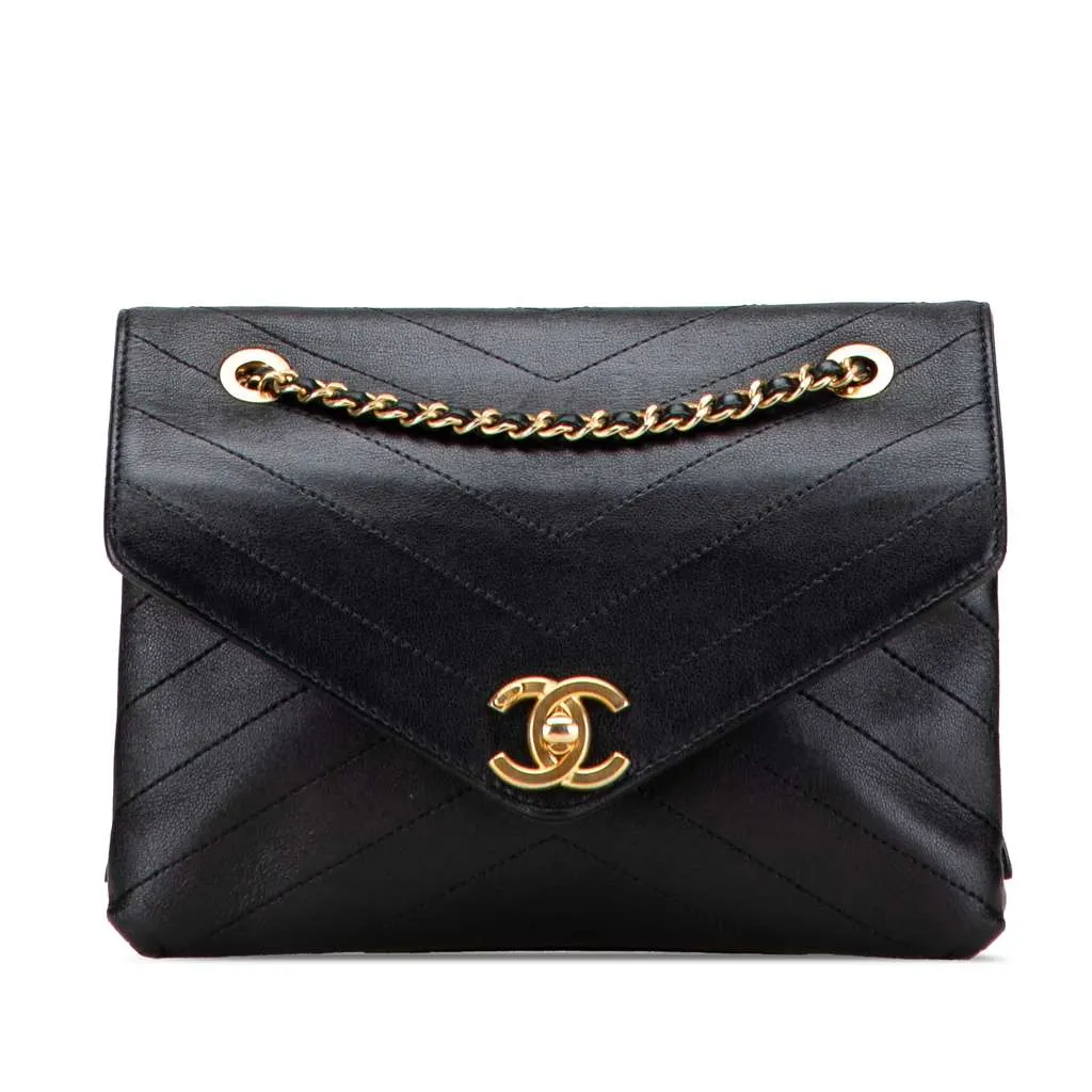 Chanel Small Chevron Lambskin Stitched Envelope Flap Black Leather Good - Front View