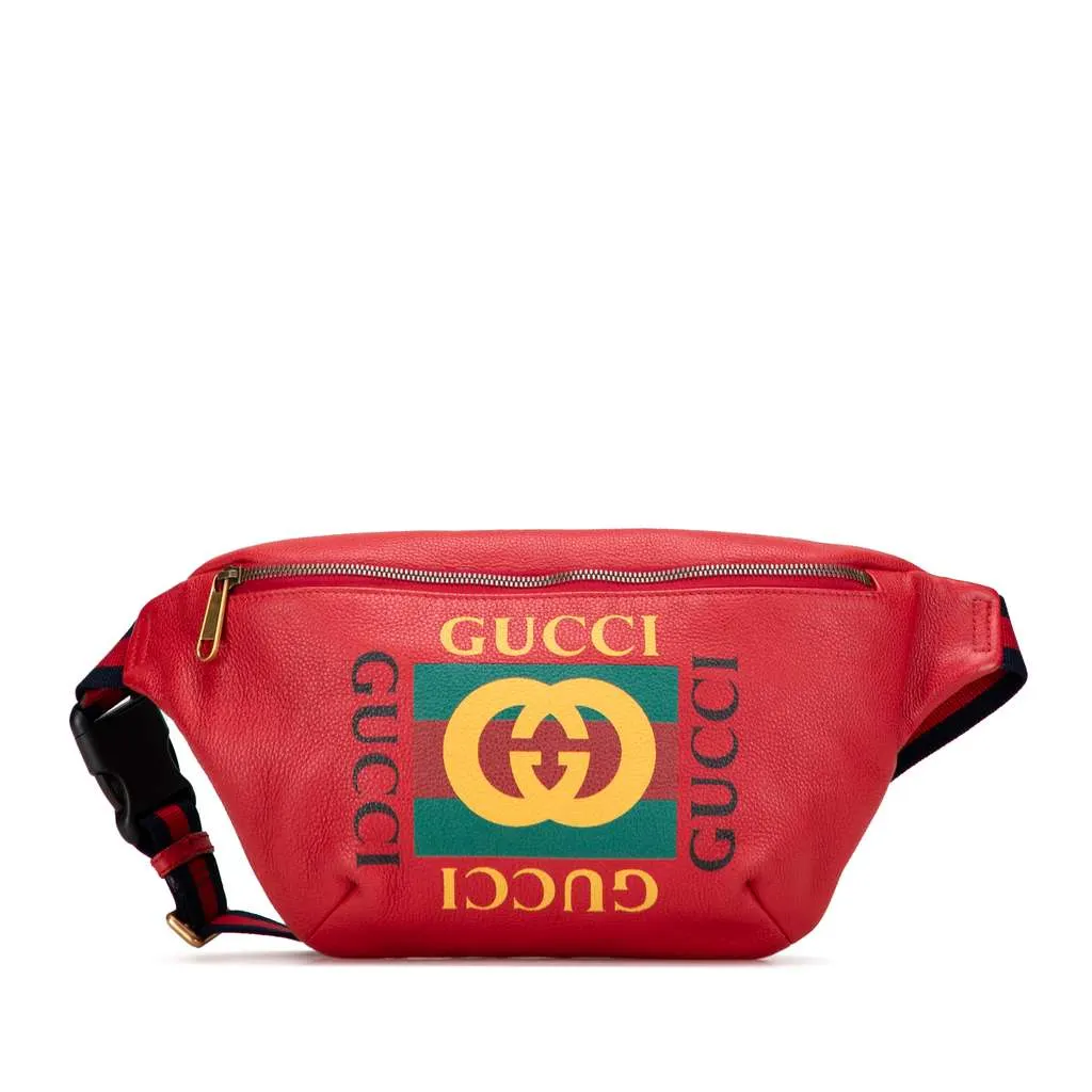 Gucci Grained Calfskin Logo Belt Bag Red Leather Good - Front View