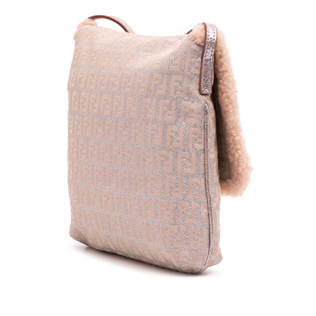 Fendi Zucchino Metallic Canvas and Shearling Crossbody - 2