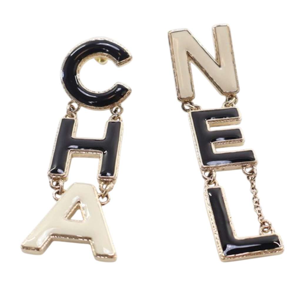 Chanel Gold Plated and Enamel Cha-Nel Logo Drop Push Back Earrings