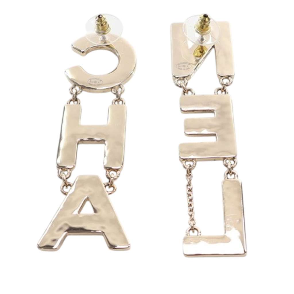 Chanel Gold Plated and Enamel Cha-Nel Logo Drop Push Back Earrings - Image 6