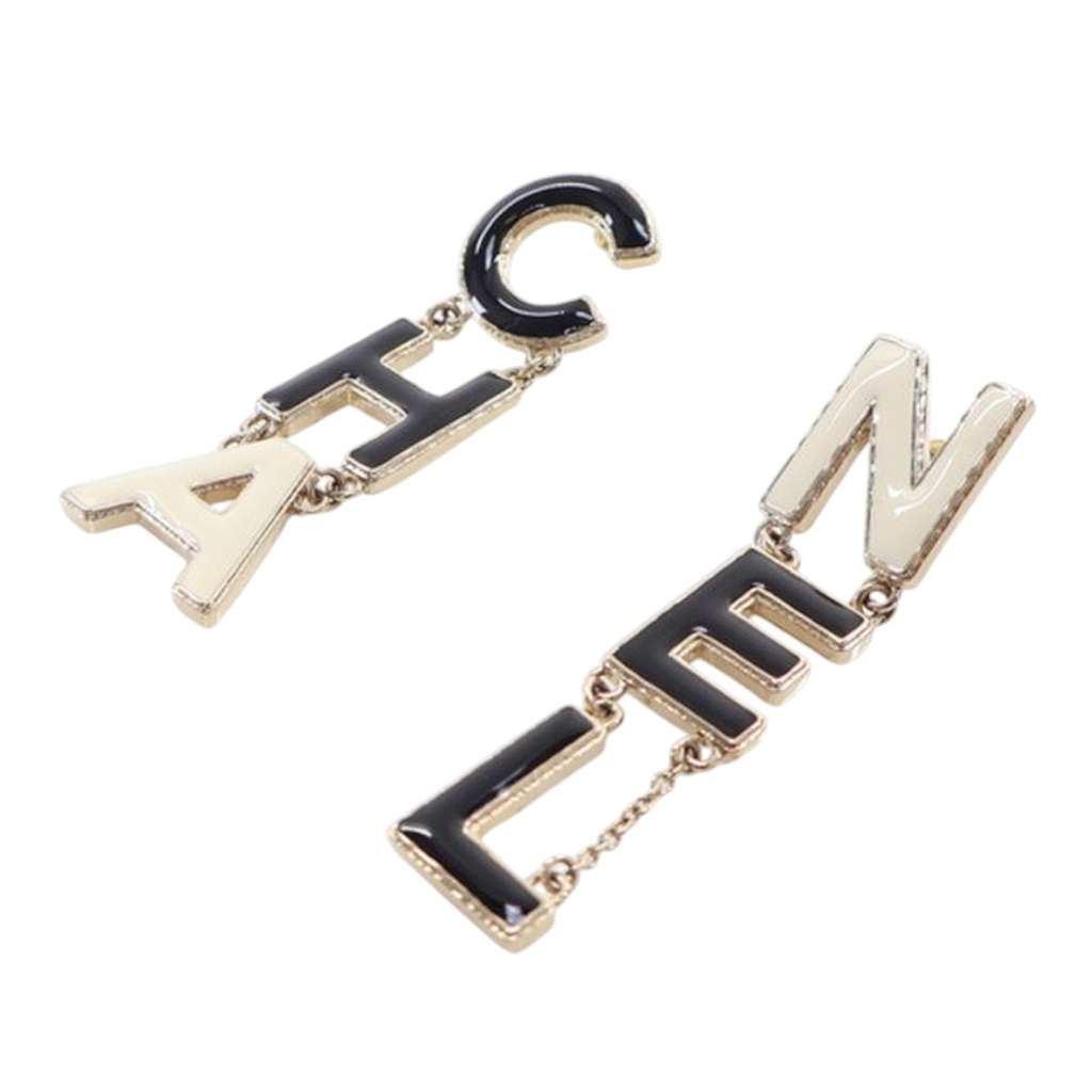 Chanel Gold Plated and Enamel Cha-Nel Logo Drop Push Back Earrings - 4
