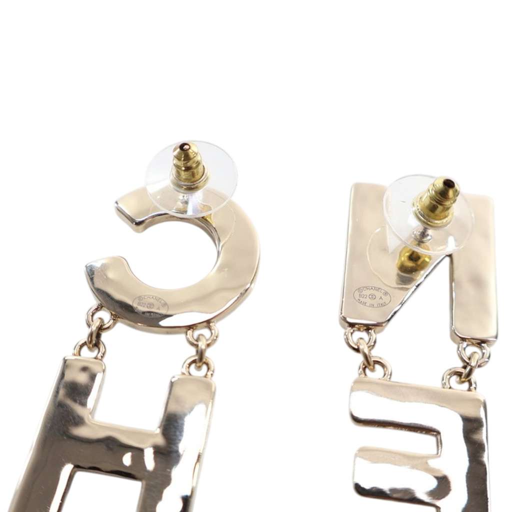 Chanel Gold Plated and Enamel Cha-Nel Logo Drop Push Back Earrings - Side view