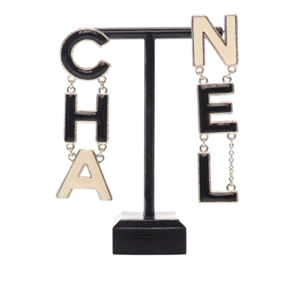 Chanel Gold Plated and Enamel Cha-Nel Logo Drop Push Back Earrings - Detail 1