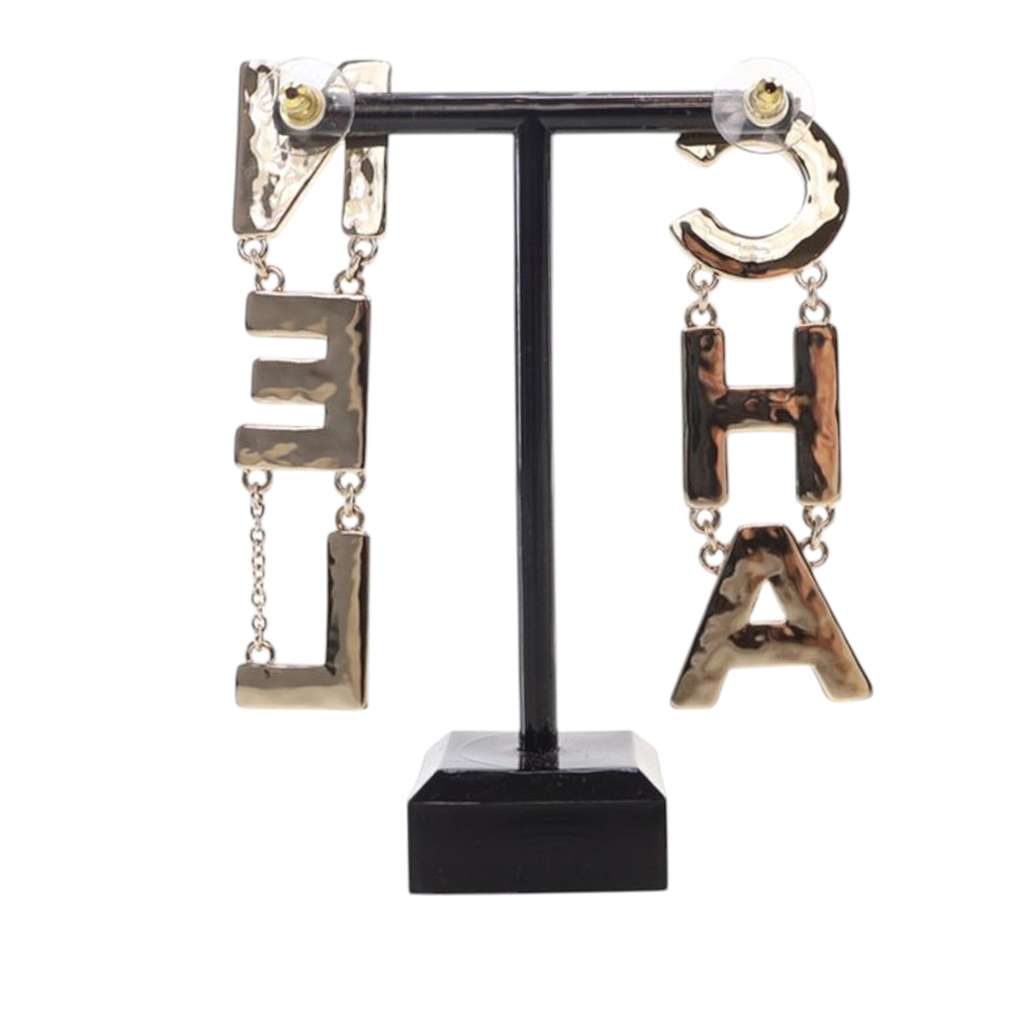 Chanel Gold Plated and Enamel Cha-Nel Logo Drop Push Back Earrings - Detail 2