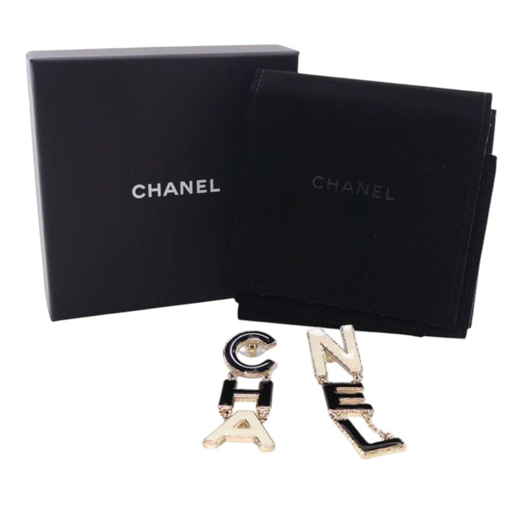 Chanel Gold Plated and Enamel Cha-Nel Logo Drop Push Back Earrings - Image 10