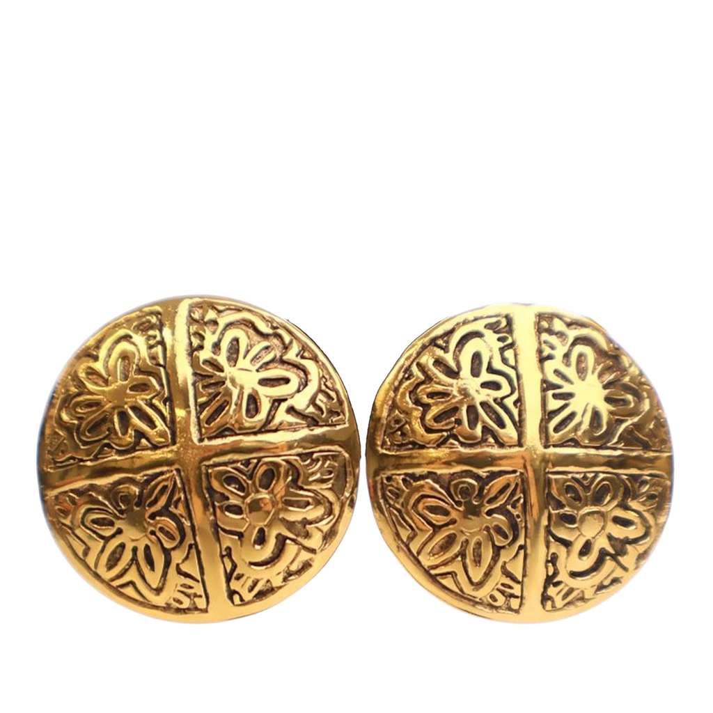 Chanel Gold Plated Camellia Cross Dome Clip On Earrings