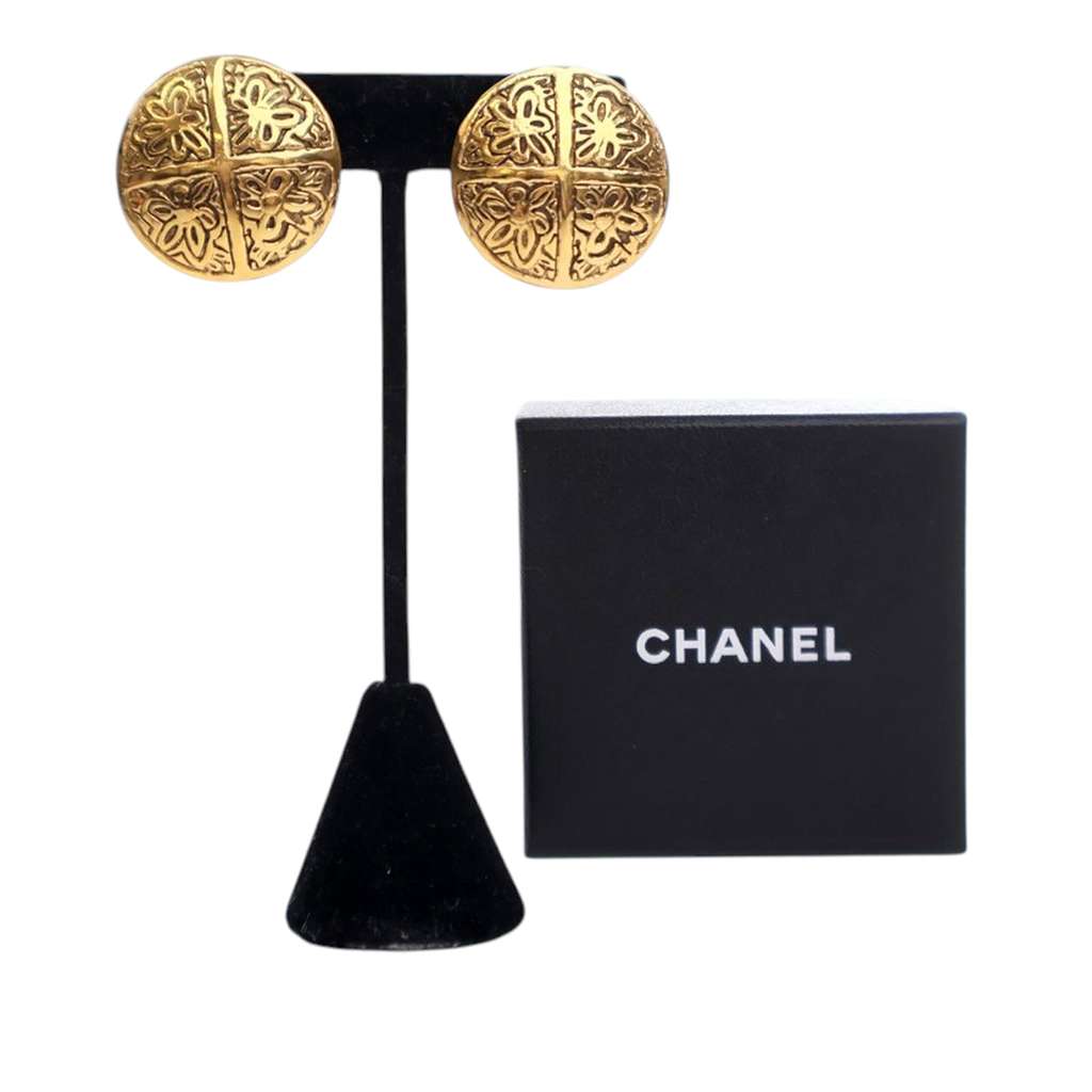 Chanel Gold Plated Camellia Cross Dome Clip On Earrings - Detail 1