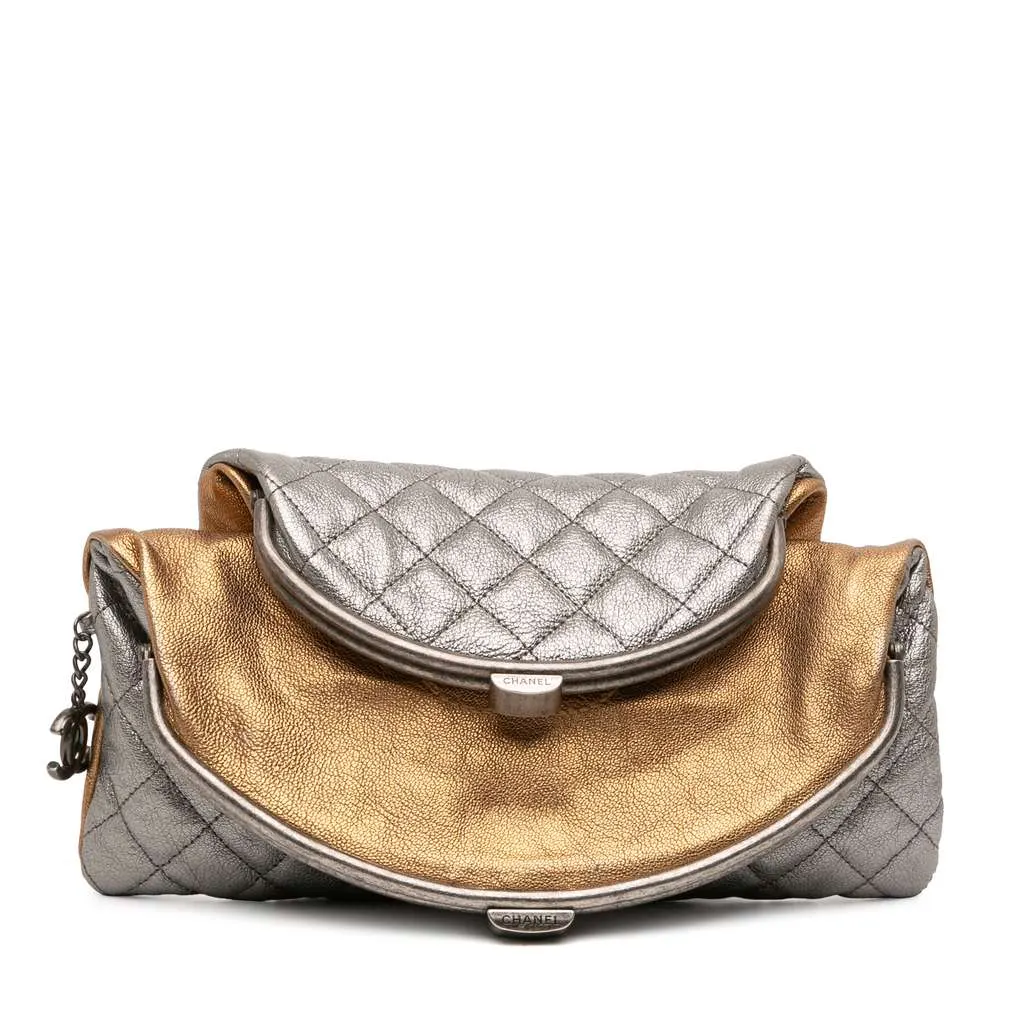 Chanel Quilted Metallic Goatskin Tabatiere Kisslock Foldover Clutch Silver Leather Good - Front View