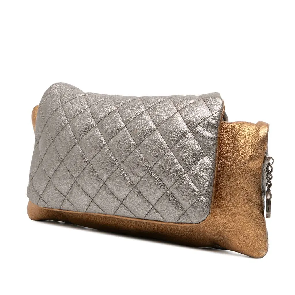 Chanel Quilted Metallic Goatskin Tabatiere Kisslock Foldover Clutch Silver Leather Good - Back View