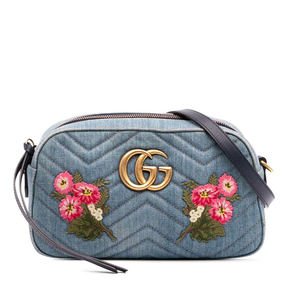 Gucci Small GG Marmont Embroidered Matelasse Denim Crossbody